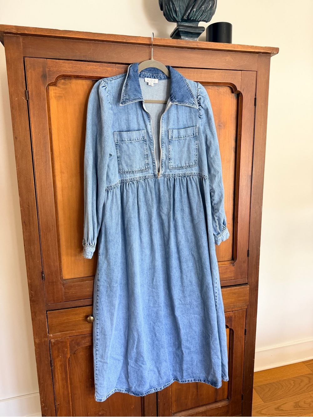 Anthropologie Light Wash Denim Midi Dress with Collar